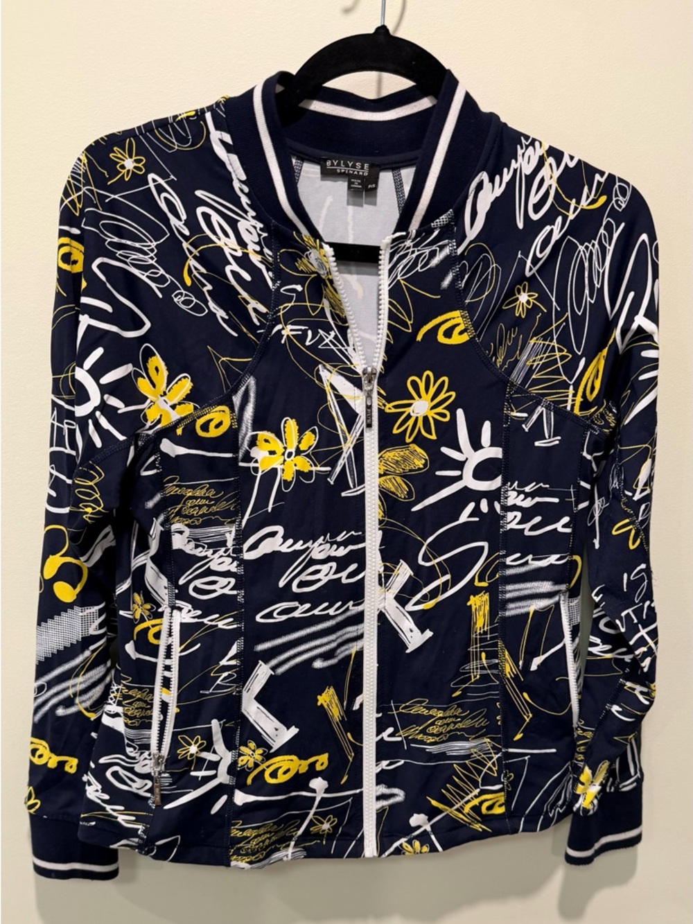 Bylyse Spenard Women’s Navy Yellow Graphic Zip Bomber Jacket in Size P/S